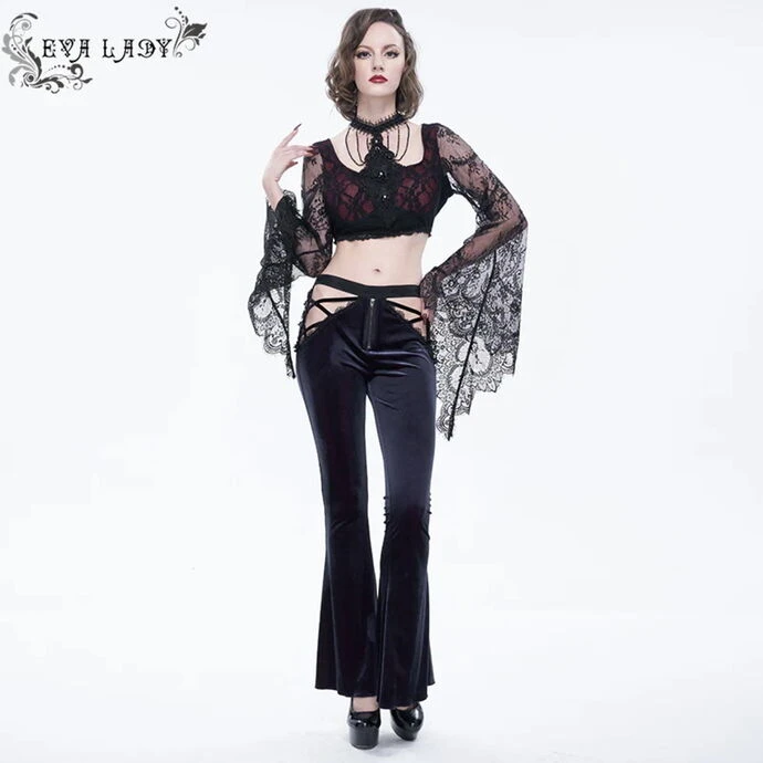 Women's Trousers DEVIL FASHION - Negative Nancy Gothic Velvet Flared Pants With Lace 8 Women's Trousers DEVIL FASHION - Negative Nancy Gothic Velvet Flared Pants With Lace - Image 6